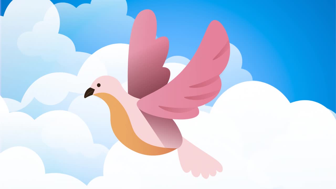 animación de un pájaro rosado sobre un fondo de cielo nublado azul
