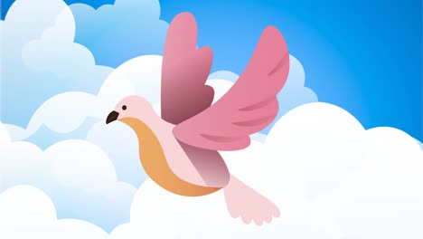 Animation-Eines-Rosa-Vogels-Auf-Blauem,-Bewölktem-Himmelshintergrund