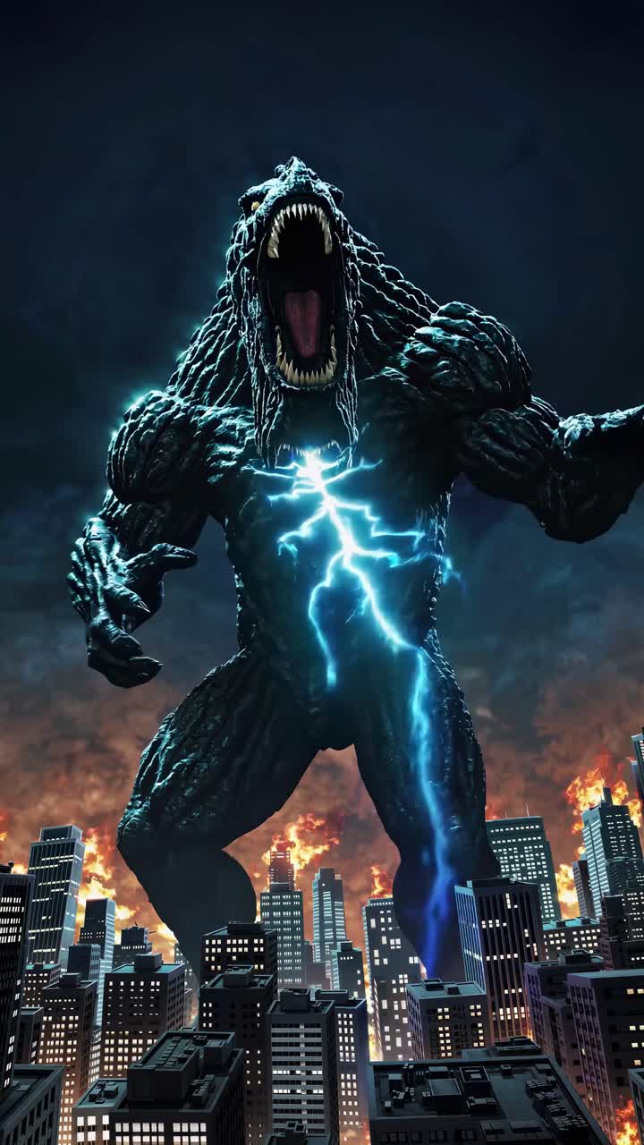 A low-angle shot of a giant monster roaring amidst a burning cityscape, reminiscent of a dramatic