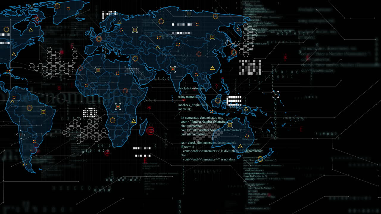 Animation of digital world map showing data points and network connections