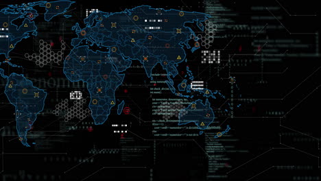 animation of digital world map showing data points and network connections
