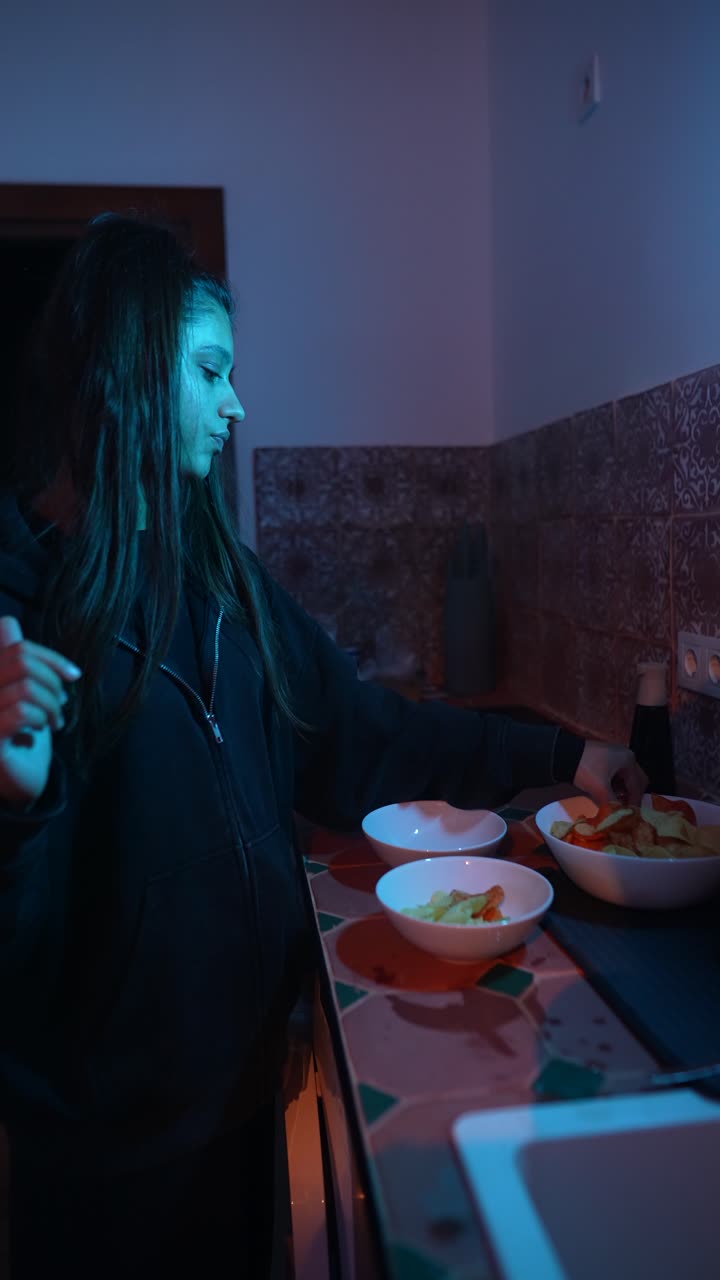 adolescente comiendo papas fritas en una cocina oscura