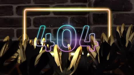 animación de 404 texto y marco de neón sobre hojas en fondo de ladrillo