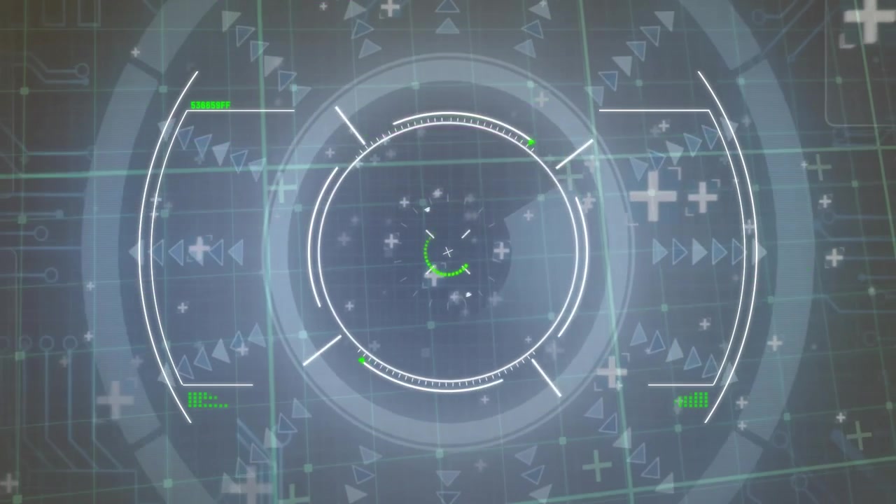 On start HUD rings rotating, green arc filling and glitching bars for calibration loop