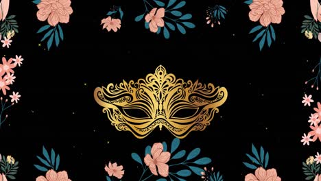 Animation-of-gold-carnival-mask-and-flowers-over-snow-falling-on-black-background