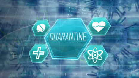 medical icons with quarantine text against covid-19 cells moving