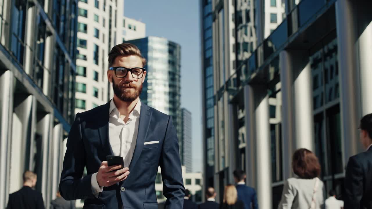 hombre de negocios usando un teléfono inteligente en una ciudad