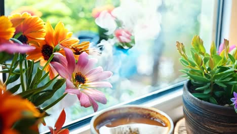 a cup of coffee sitting on a window sill next to a vase of flowers