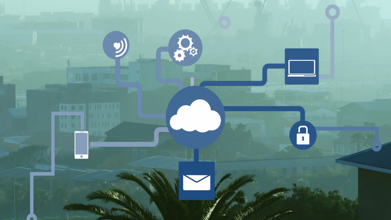 Animation of icons flow chart over fog covered modern cityscape against sky