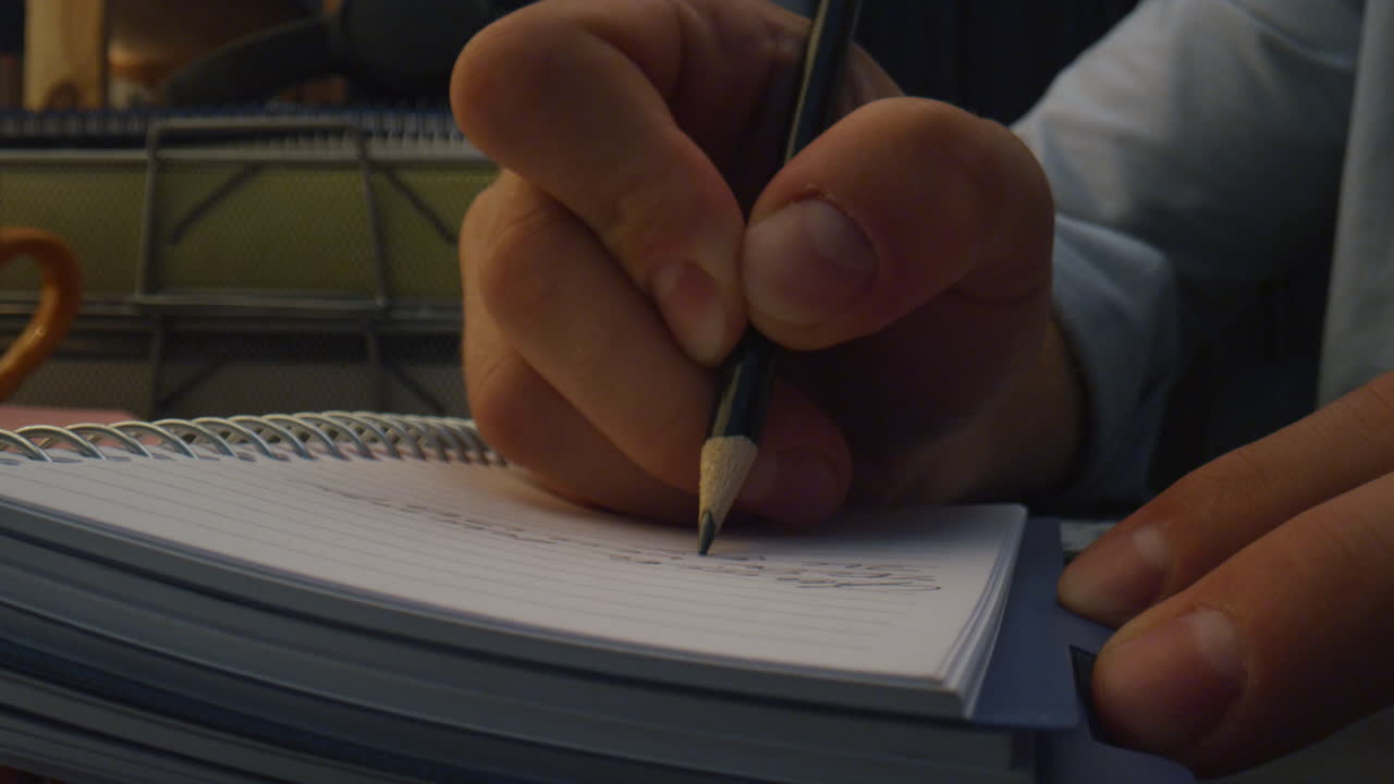 Guy arms writing pencil table closeup. Unknown person preparing schedule