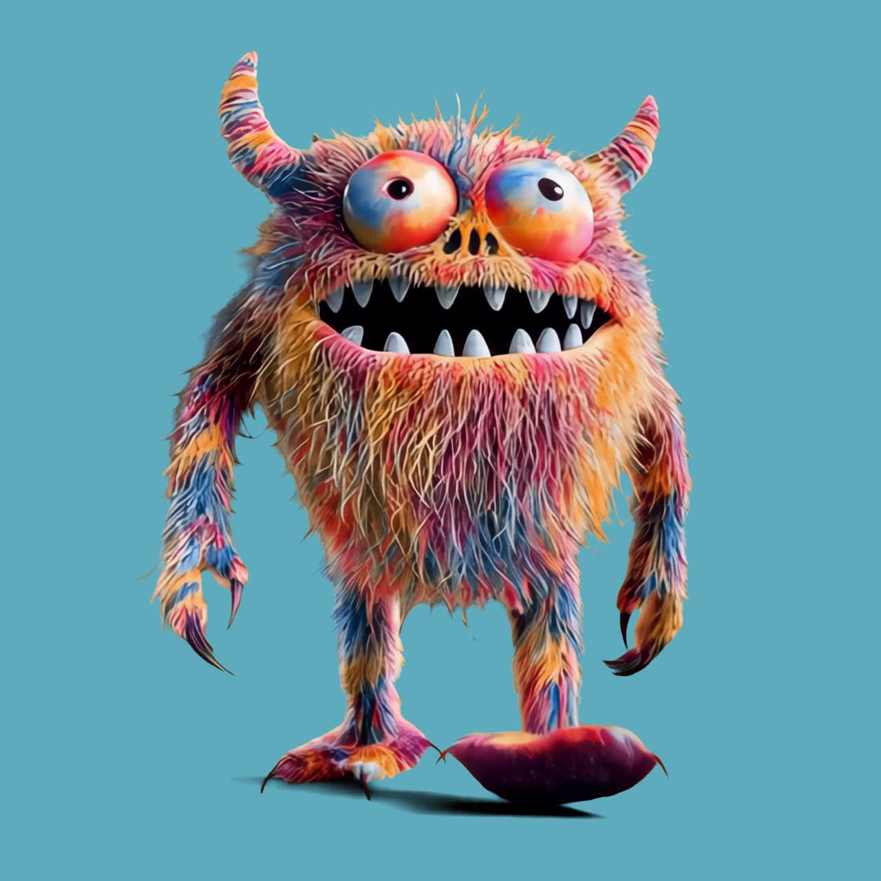 Colorful furry cartoon monster animation isolated asset, transparent 4K video, alpha channel, ProRes