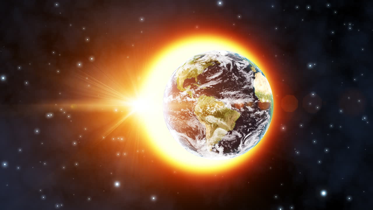 Planet Erde dreht sich mit heller Sonne im Weltraum.
