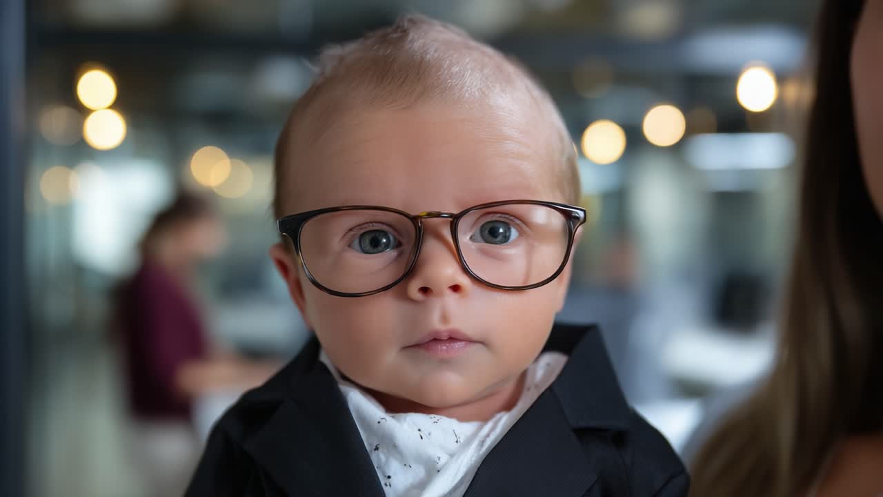 Bebè adorabile con gli occhiali: un ritratto incantevole di un piccolo vestito come un professionista, che cattura l'innocenza e lo stile in un ambiente d'ufficio
