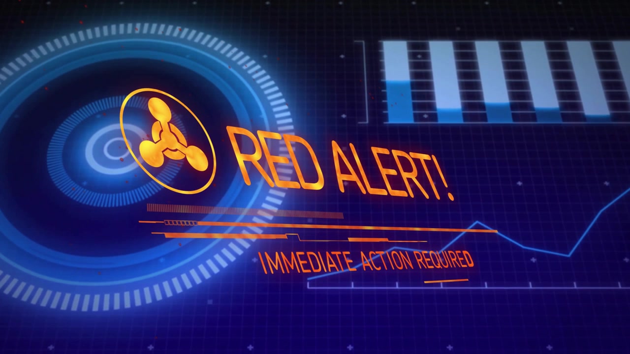 Dashboard loading scan ring spinning alert icon expanding charts pulsing signaling immediate action