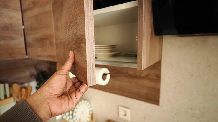 Hand Opening and Closing a Modern Wooden Kitchen Cabinet