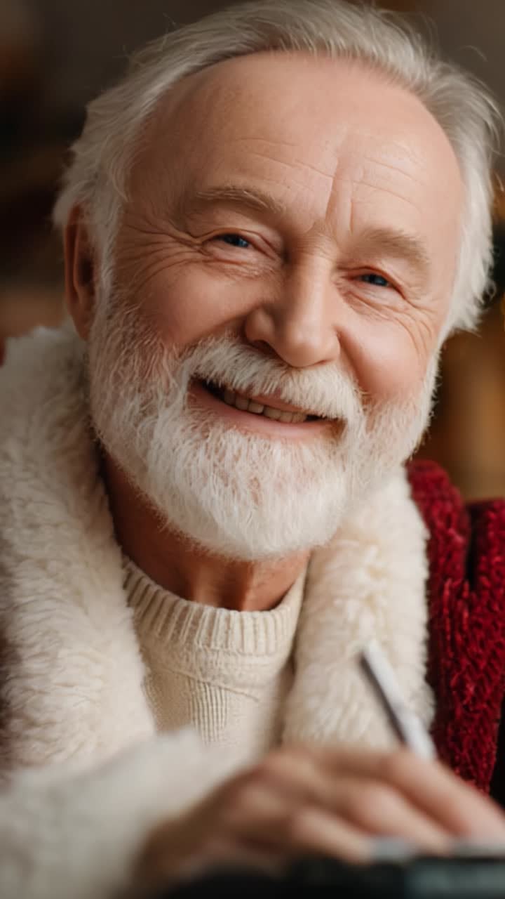 Anciano alegre con un suéter cómodo y abrigo de piel sonriendo mientras escribe, irradiando calidez y alegría en un ambiente íntimo, perfecto para celebrar las fiestas y la nostalgia