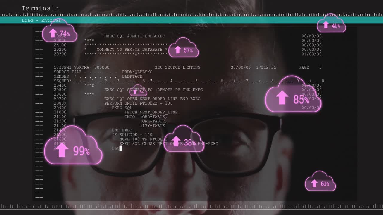 Cloud with increasing percentage icons over screen with data processing against male hacker