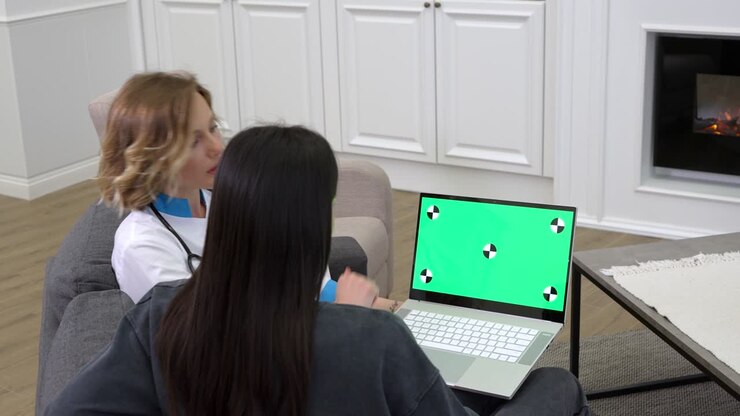 Female doctor using laptop during medical consultation at patient home