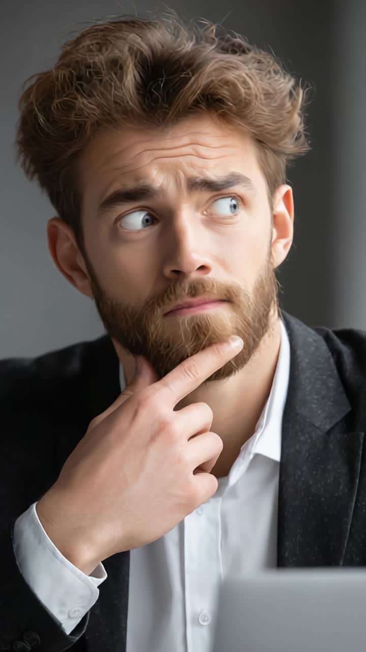 A Thoughtful Young Man in a Suit Contemplates Life's Choices with an Introspective Gaze and a Mind Full of Questions in a Modern Setting