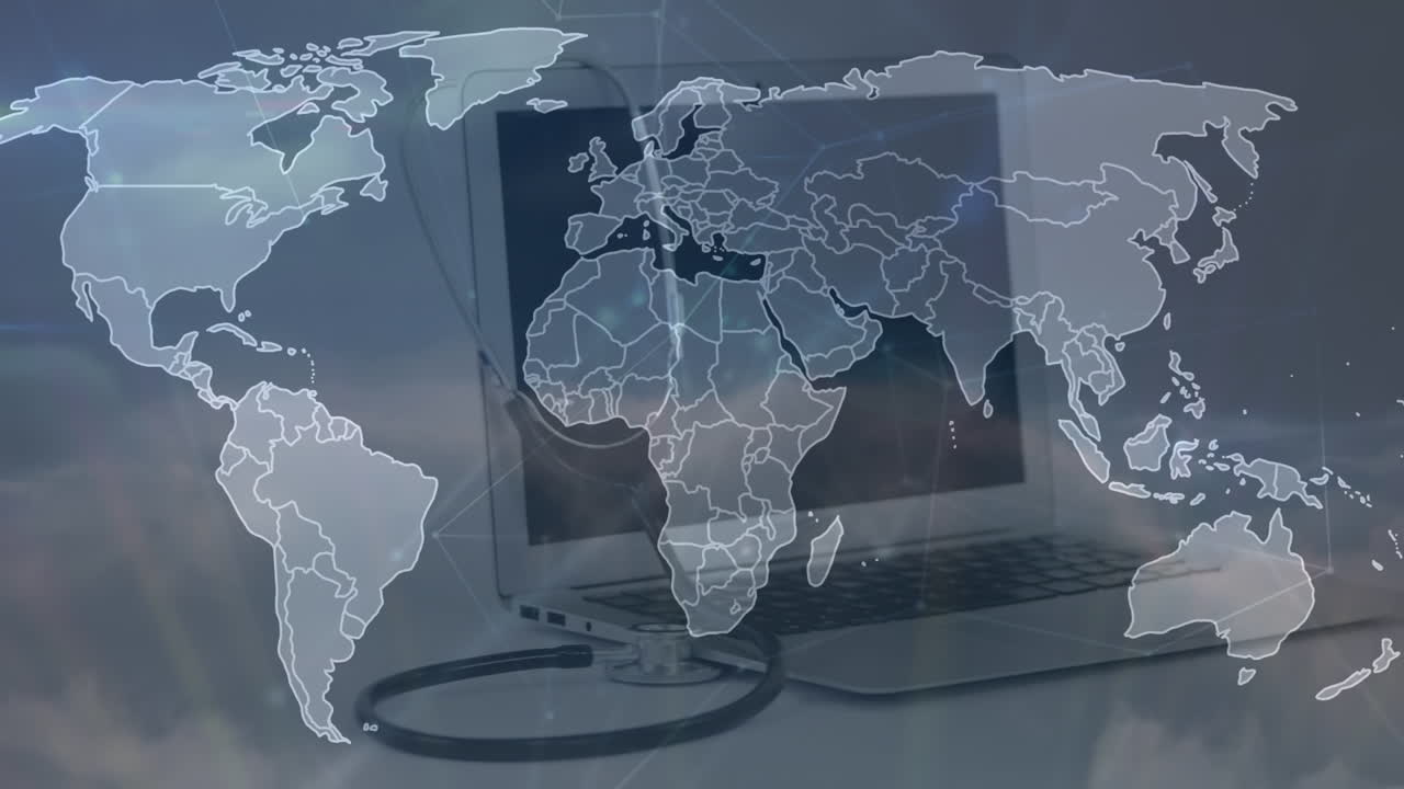 animación del mapa del mundo y la red de conexiones a través de la computadora portátil