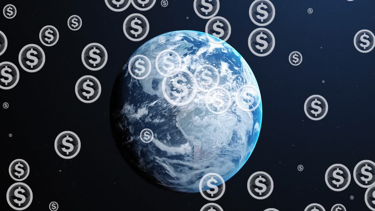 несколько икон американского доллара над вращающимся глобусом на синем фоне