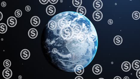 multiple american dollar icons over spinning globe against blue background