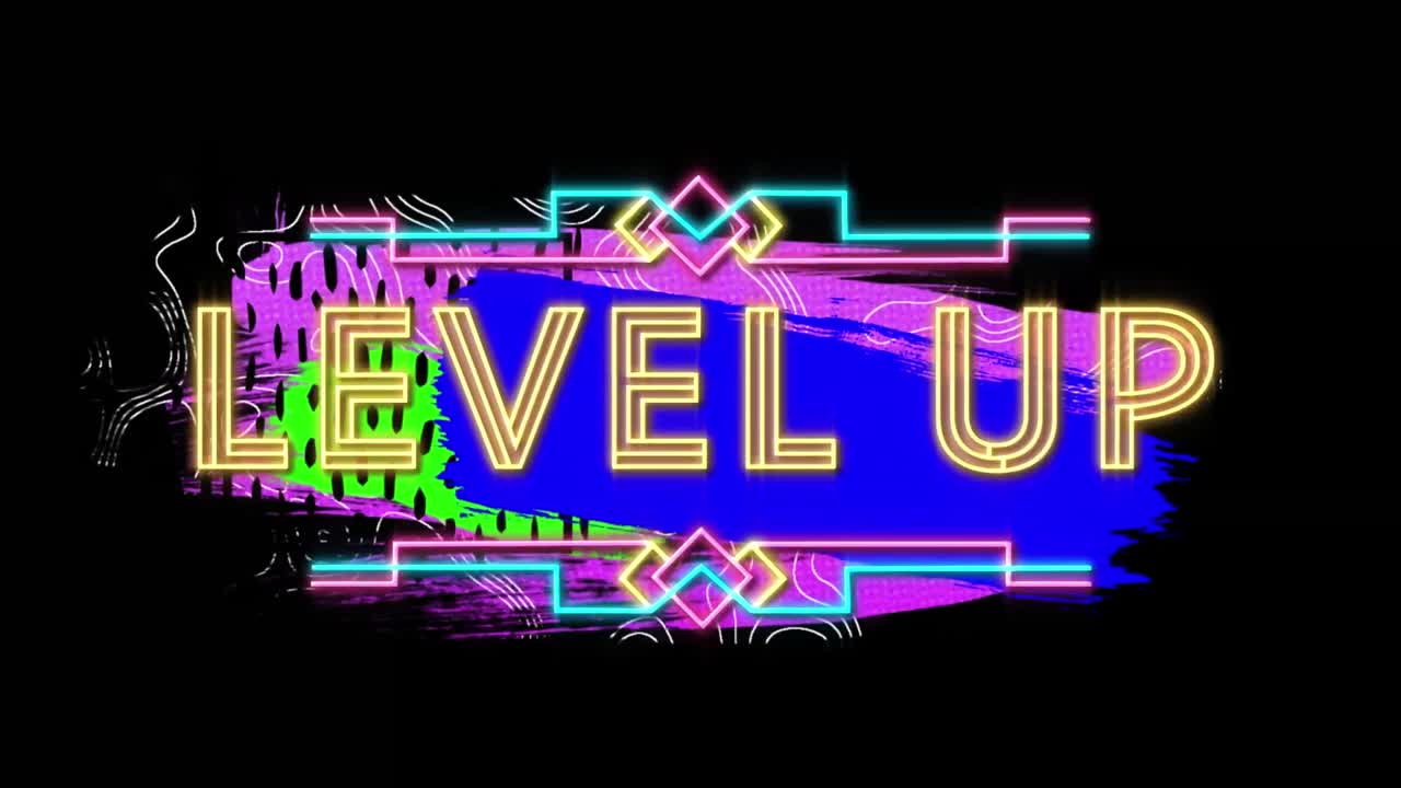 Animation of illuminating level up text with abstract shapes and patterns on black background