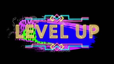 animation of illuminating level up text with abstract shapes and patterns on black background