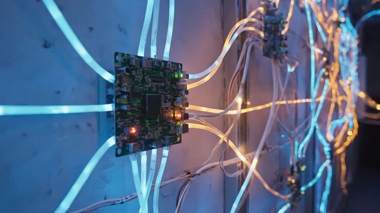 Futuristic Digital Network with Glowing Wires and Circuit Boards