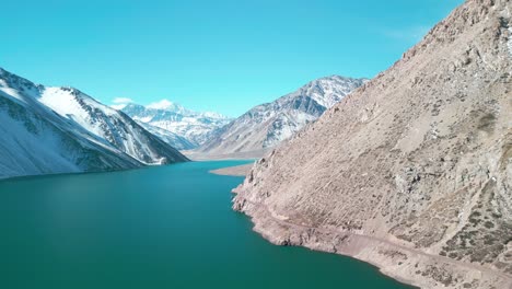 Aerial-View-El-Yeso-Reservoir-Lagoon,-Cajon-Del-Maipo,-Country-Of-Chile