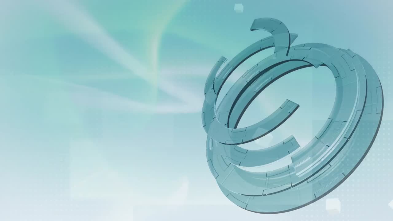 파란색 배경 위에  ⁇ 색 큐브로 회전하는 동심 고리의 애니메이션