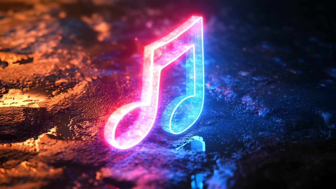 Neon music note glowing on a wet surface. A brightly glowing neon music note reflects on a wet surface, creating a vibrant and colorful visual effect at night.