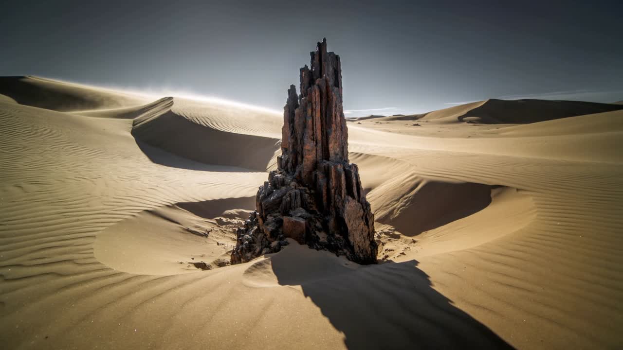 Telecamera che zooma delicatamente su un'alta roccia frastagliata tra le dune del deserto, enfatizzando l'isolamento.