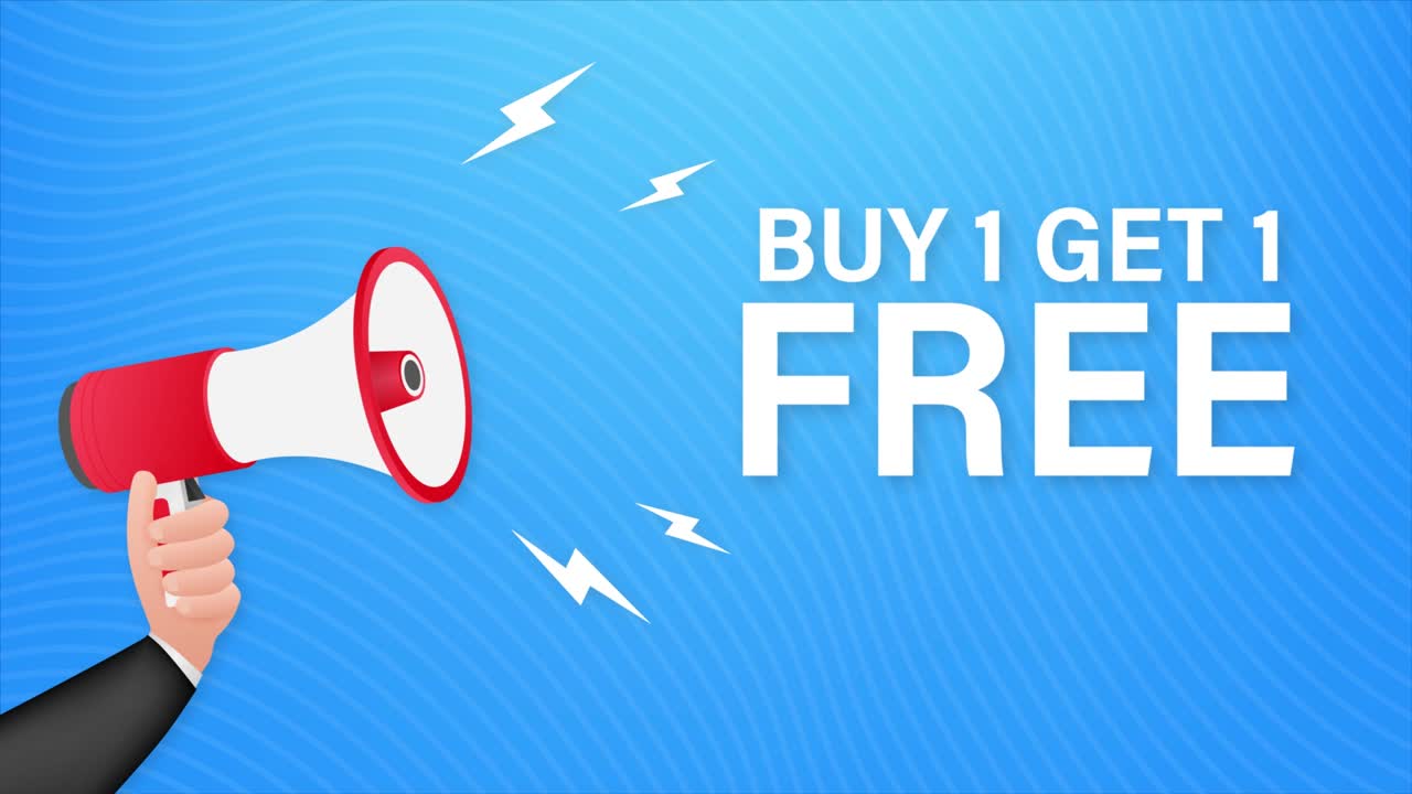 megaphone banner, concepto de negocio con texto comprar 1 obtener 1 gratis. etiqueta de venta. gráficos de movimiento. 4k