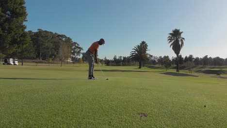 Two-diverse-male-golf-players-playing-golf-at-golf-course-on-sunny-day