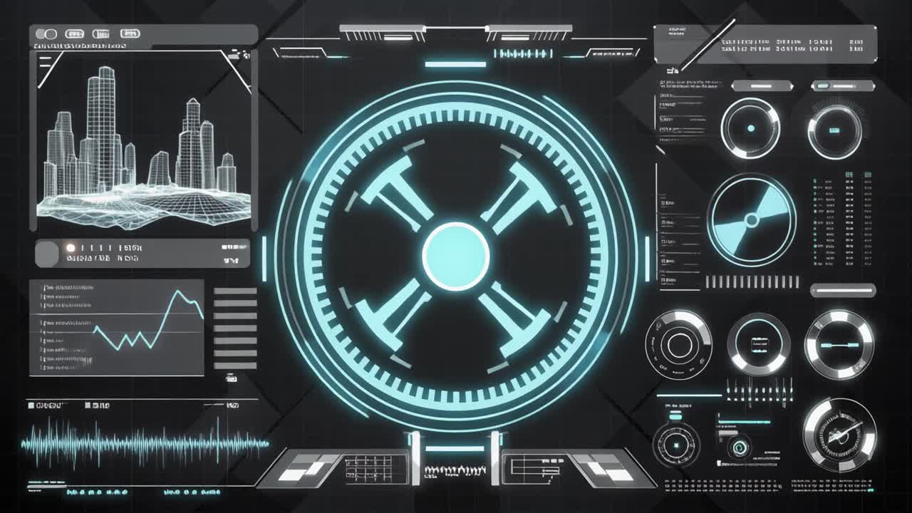 Futuristic Digital Interface with Data and Wireframe City