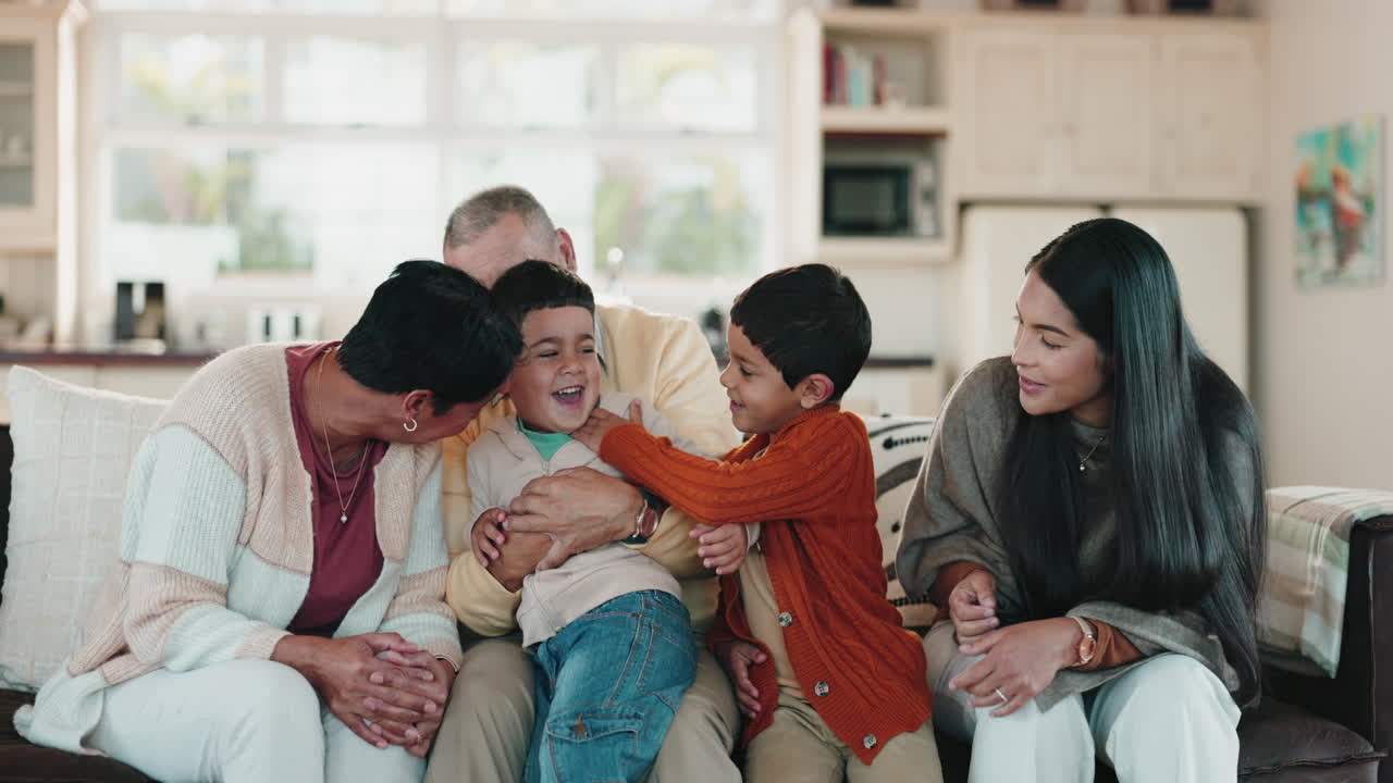Fun, family smile and living room play