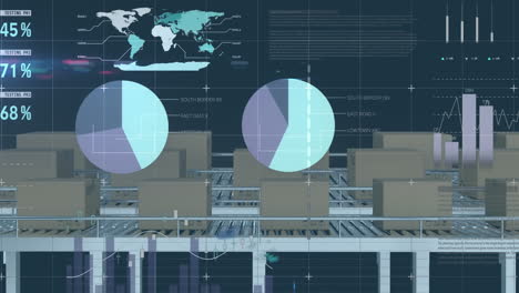 animación de estadísticas y procesamiento de datos sobre cajas de cartón en cintas transportadoras en el almacén