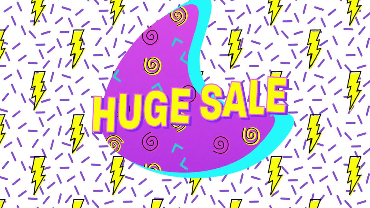 거대한 판매 텍스트, 번개, 원형 패턴, 선,  바탕에 추상적인 모양의 애니메이션