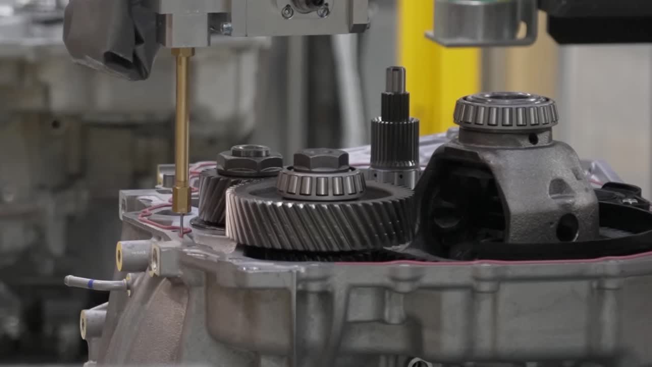 Precision automated liquid gasket application on a transmission housing unit featuring internal helical gears and differential components