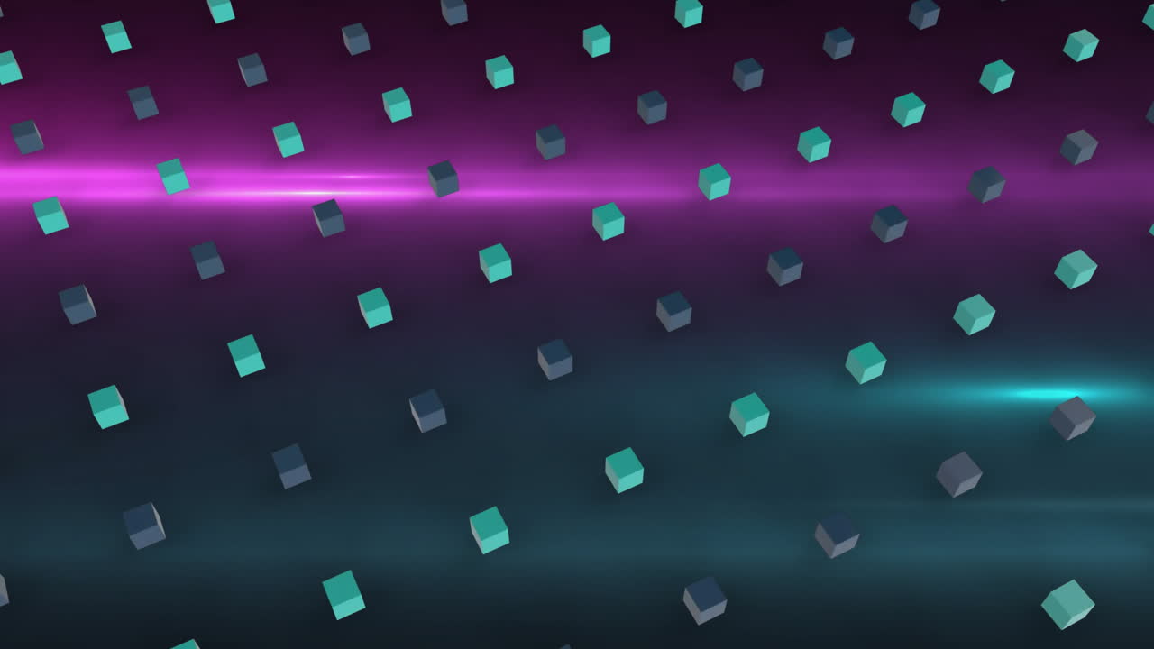 Animation von sich bewegenden Quadraten über violetten Lichtspuren