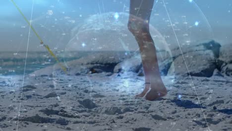 Animation-of-globe-with-rays-against-caucasian-friends-playing-on-sand-at-sunny-beach