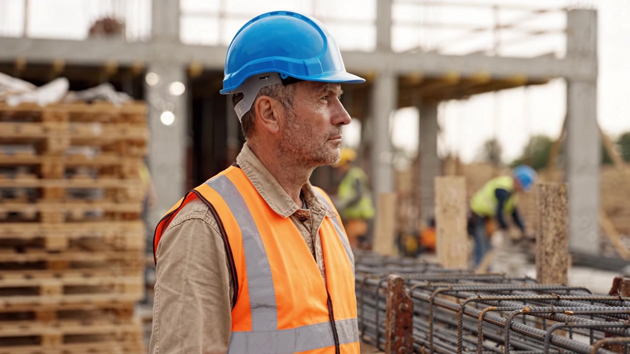 Construction Worker in Safety Gear Observing Building Site Progress while Ensuring Compliance with Safety Regulations and Procedures for Successful Project Execution