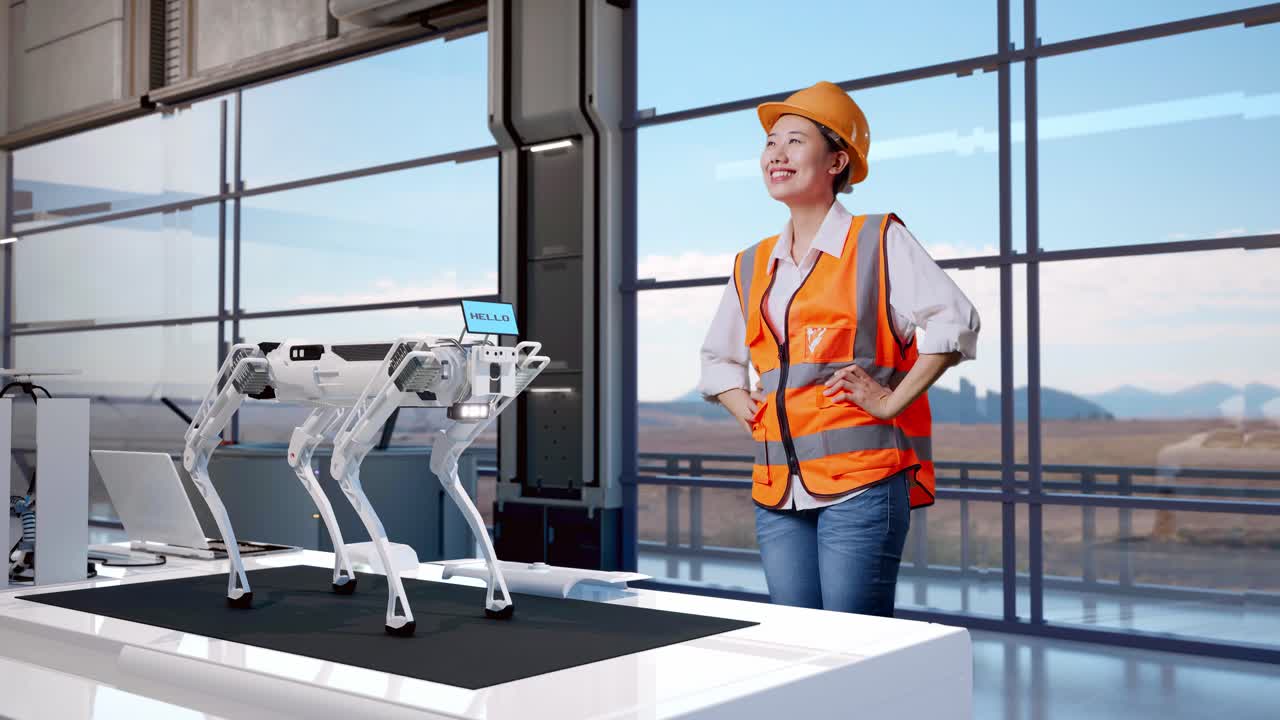 Engineer Observing a Robotic Dog in a Modern Facility