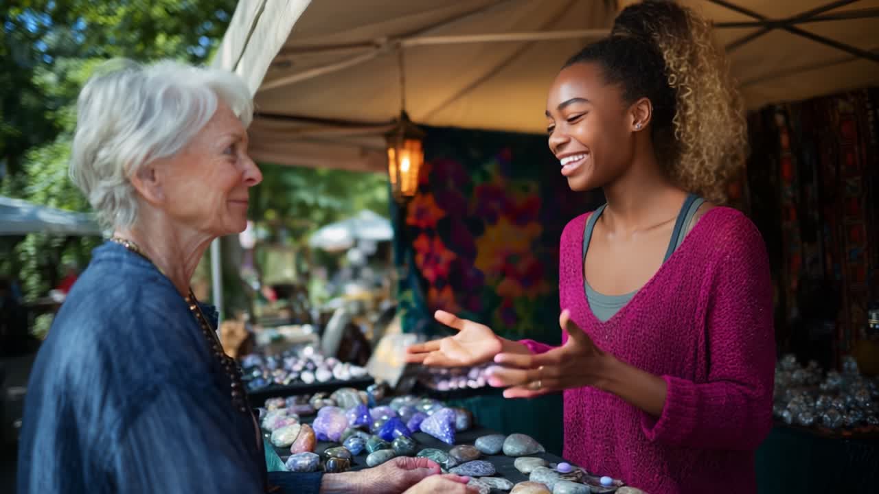 A Vibrant Interaction at a Market Stall: A Young Woman and an Elderly Woman Share Joyful Moments While Engaging in a Friendly Conversation Surrounded by Beautiful Crystals and Stones