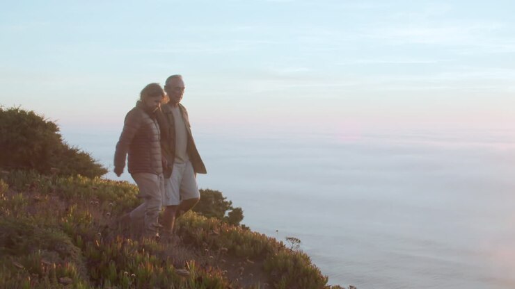 feliz pareja mayor tomándose de la mano y caminando en la montaña