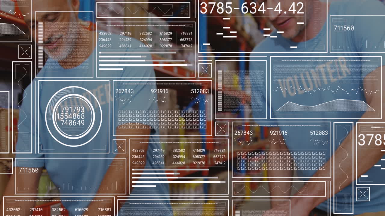 animación del procesamiento de datos sobre dos voluntarios caucásicos con bolsas de comestibles en el almacén.