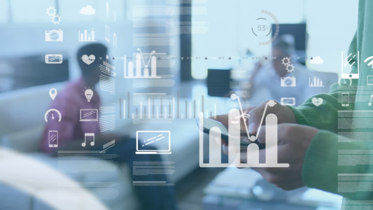 Animazione di statistiche ed elaborazione dati su persone d'affari che usano il computer in ufficio