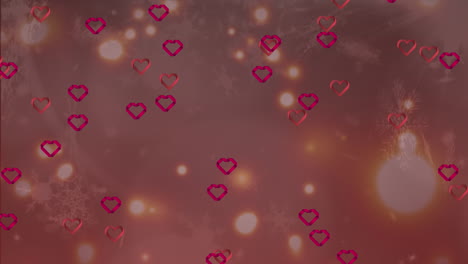 animation of multiple red heart icons, spots of light and snowflakes icons against grey background