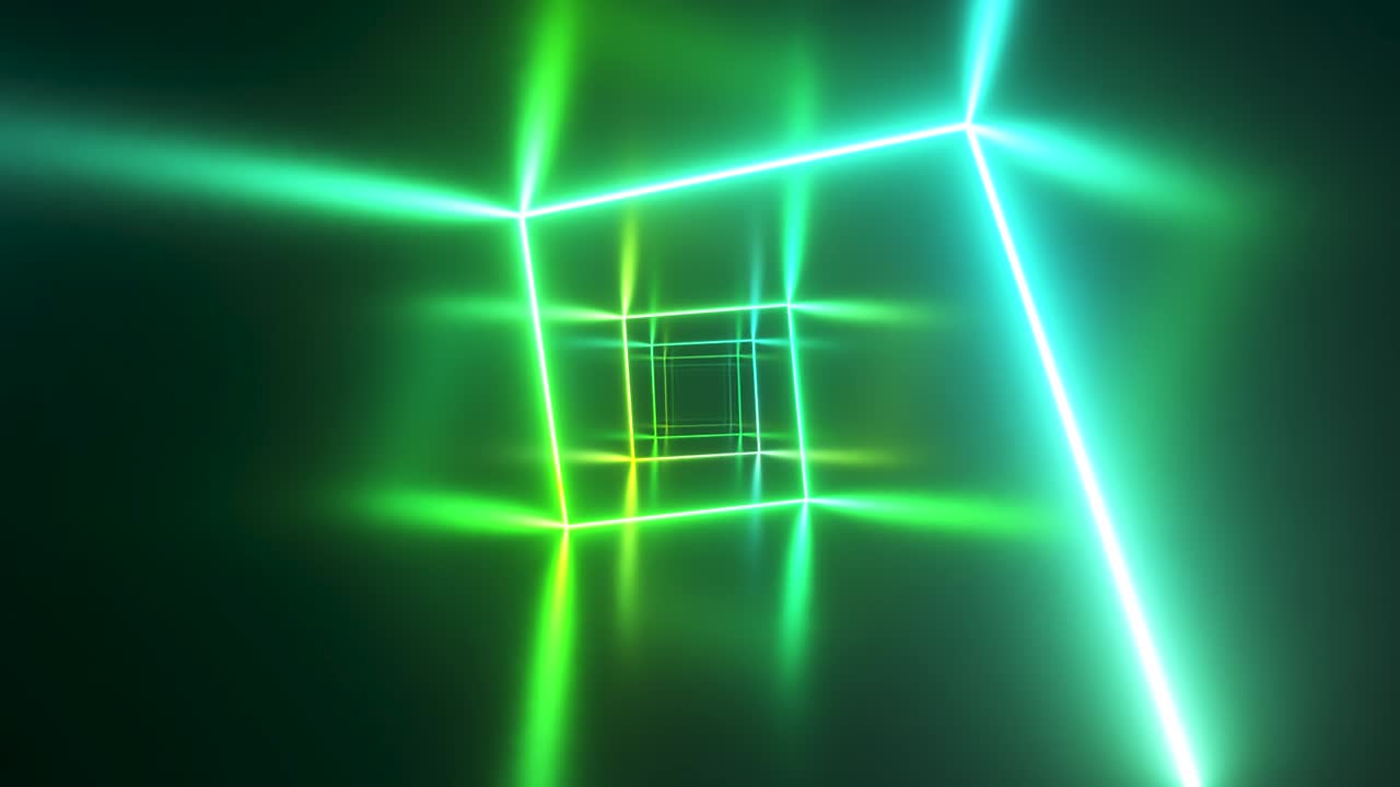 vuelo sin fin en el corredor con una curva de neón láser. iluminación ultravioleta moderna. espectro de luz verde azul. bucle sin costuras 3d render